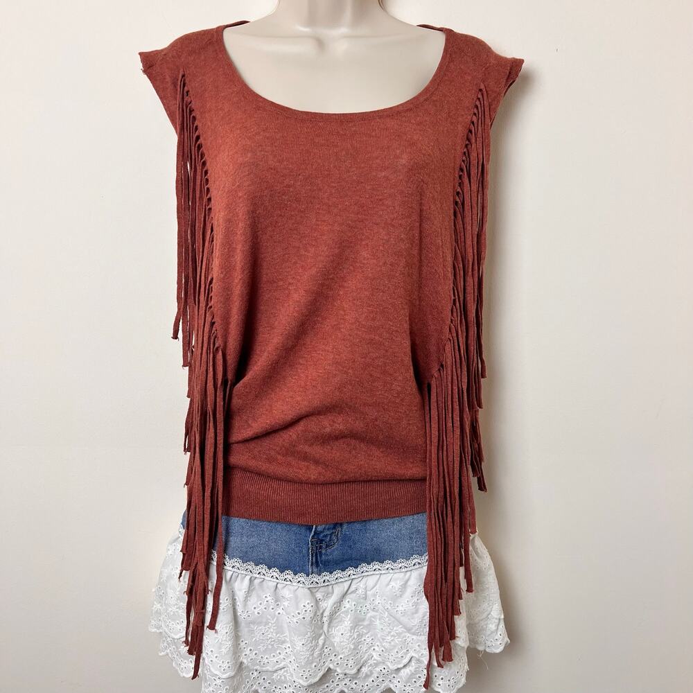 Trouvรฉ Rust Orange Boho Soft Cotton Fringe Sweater Tank Sleeveless Top Small
